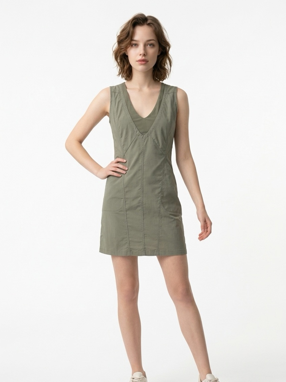 Sleeveless Olive Green V-Neck Midi Dress size Large